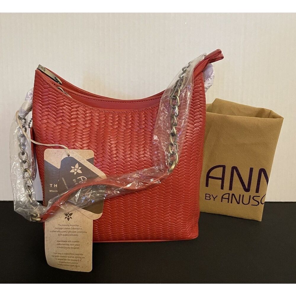 ANUSCHKA Red Woven Genuine Leather Top Zip Bucket Shoulder Bag Crossbody Purse
